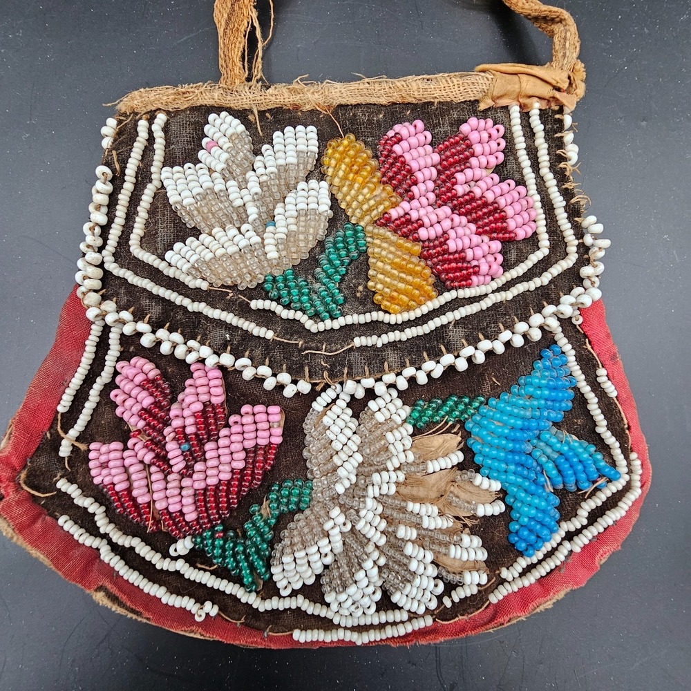 Antique Native American Iroquois Beaded Velvet Purse Floral Flaps 1890s-1910s - Picture 8 of 9
